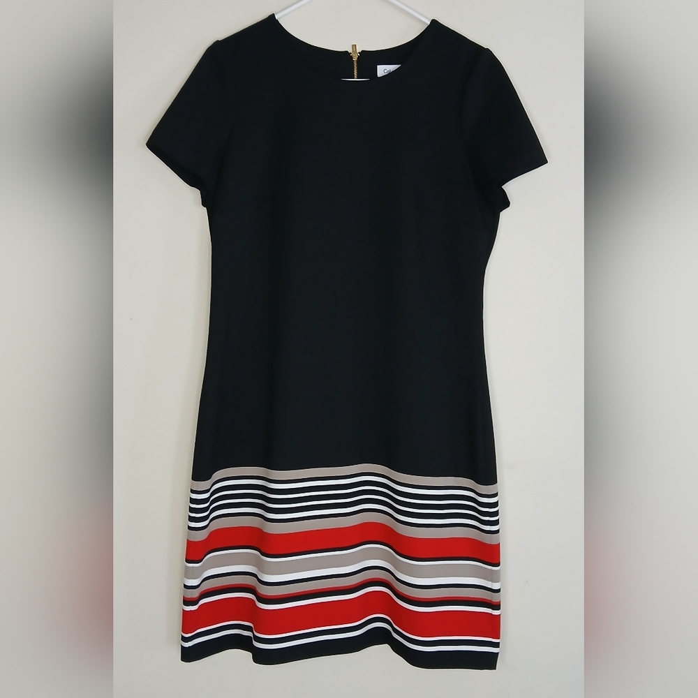 Calvin Klein Short Sleeve Striped Black and Red Shift Dress - Picture 2 of 5